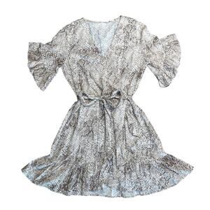 OYSHO Tan Snakeskin Print Faux Wrap Belted Ruffle Dress Women’s Size Small